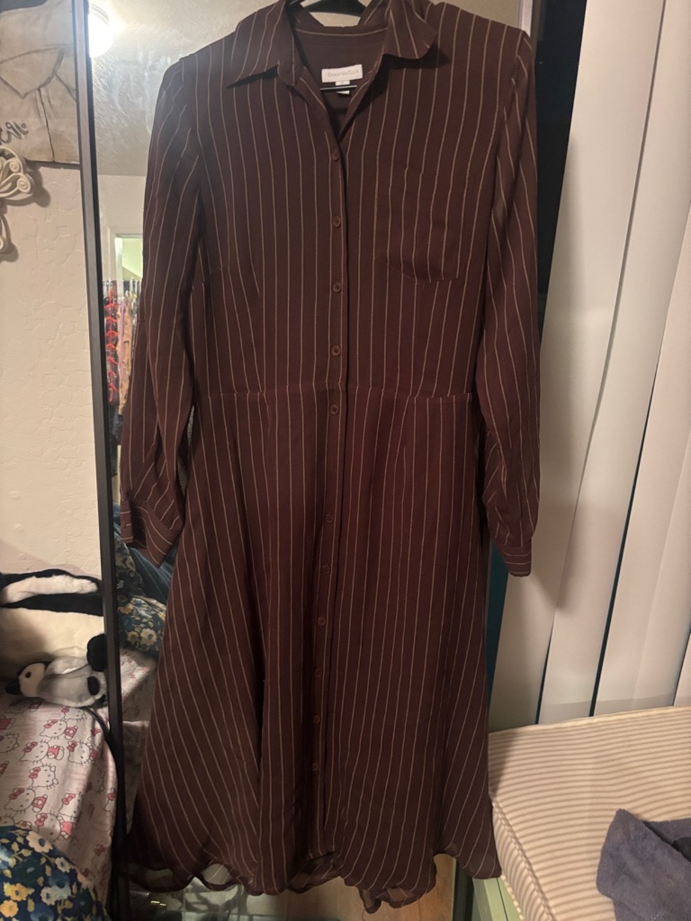 Women's Brown Pinstripe Button-Front Shirt Dress